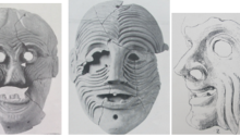 Left: Grotesque mask, termed ‘Old Woman’ by Dickins (1929: pl.47). Centre: Grotesque mask, termed ‘Caricature’ by Dickins (1929: pl.61). Right: Drawing representation of grotesque mask, termed ‘Portrait’ by Dickins (1929: pl.55).